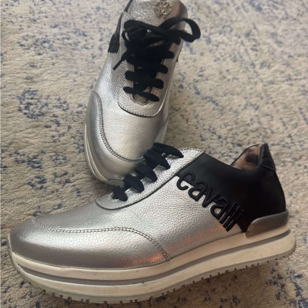 Roberto Cavalli Silver and Black Women's Sneakers
